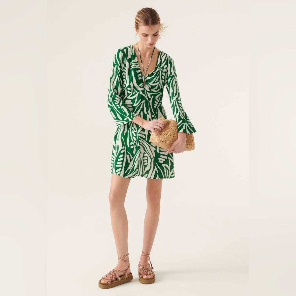 Ba&Sh Thesee Green Printed Halter Bodice Flared Sleeves Shift Dress Fr Size 1